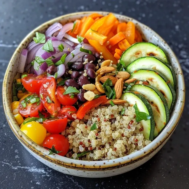 A close-up of a delicious Veggie and Quinoa Power Bowl featuring quinoa and fresh vegetables.
