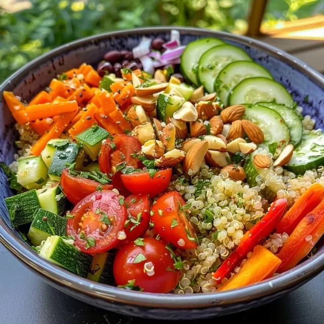 Close-up of a vibrant Veggie Quinoa Power Bowl with a variety of fresh vegetables and quinoa.