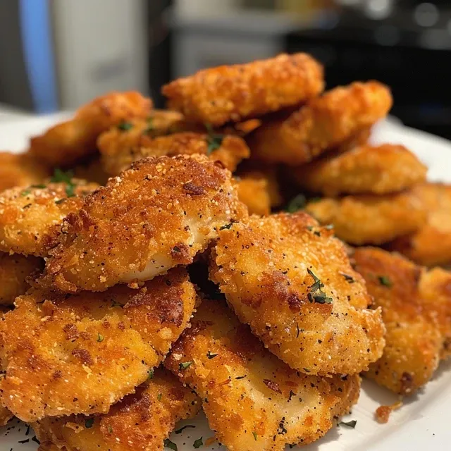 Juicy baked chicken nuggets, finely coated, displayed from the side.