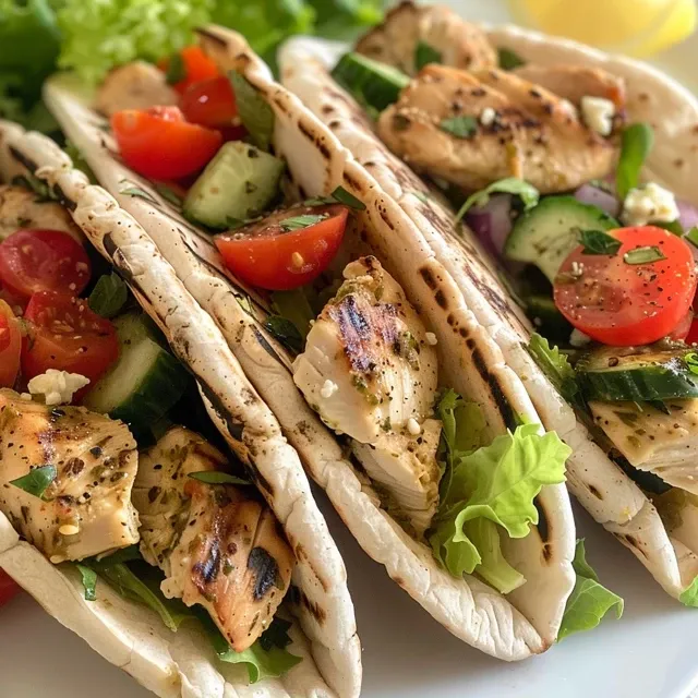 Juicy Greek chicken pita pockets displayed on a wooden surface with a side of lemon wedges.
