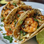 Juicy shrimp tacos with fresh ingredients and vibrant colors on a plate.