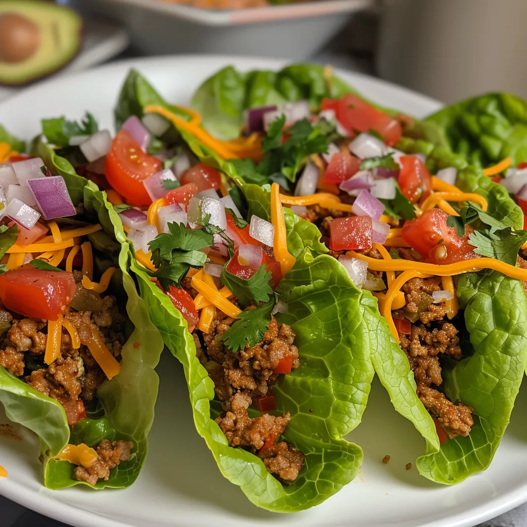 Juicy ground turkey taco wraps presented in fresh lettuce leaves with toppings.