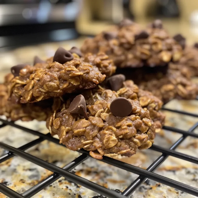 Close-up view of golden-brown banana oatmeal cookies with chocolate chips.
