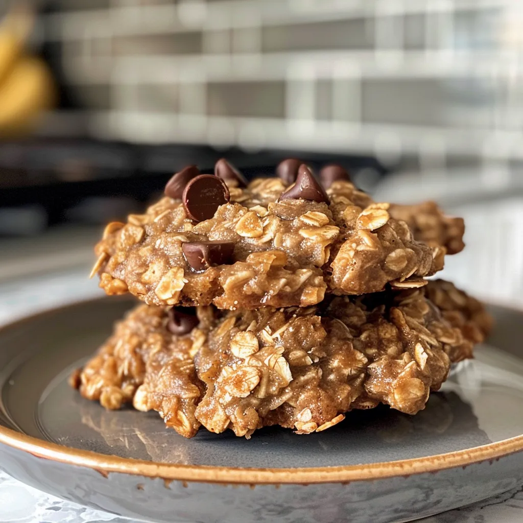 Side view of freshly baked banana oatmeal cookies on a wooden surface.