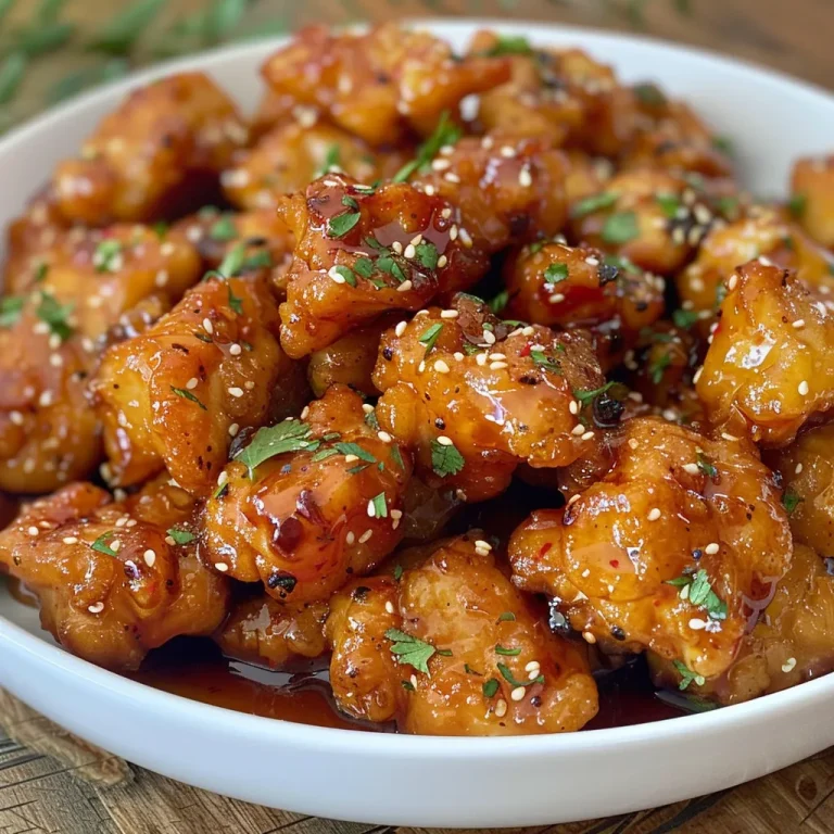 Close-up of juicy honey garlic chicken pieces drizzled with sauce.