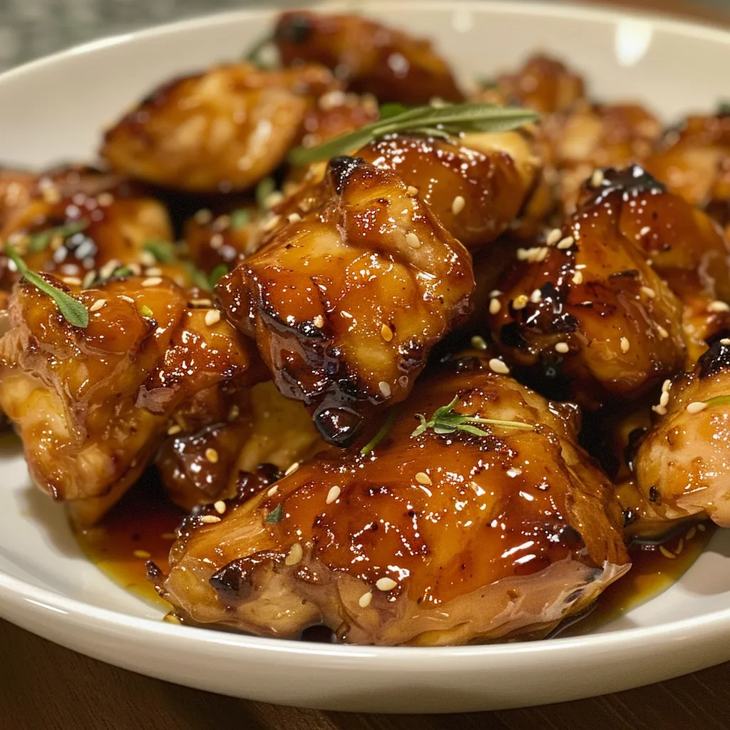 Side view of air-fried honey garlic chicken showing glistening sauce.
