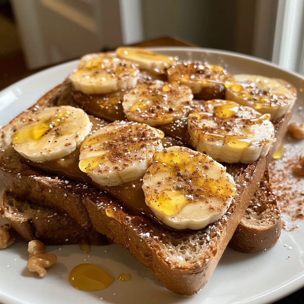Side view of two slices of bread spread with almond butter and banana slices.
