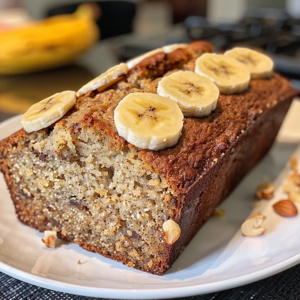 Juicy almond flour banana bread sliced, showing its dense texture filled with banana pieces.