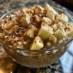 Close-up view of Apple Cinnamon Overnight Oats in a glass jar, showing diced apples and oats.