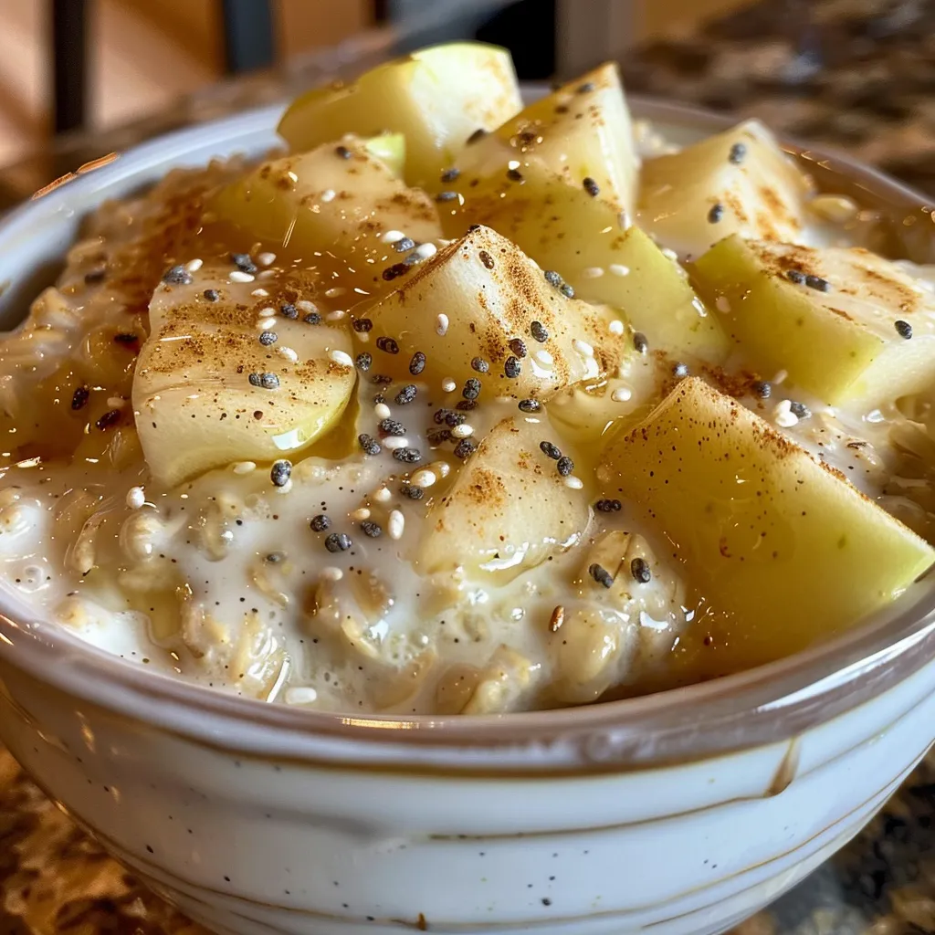 Side angle of a bowl of Apple Cinnamon Overnight Oats with a sprinkle of cinnamon.