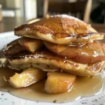 Close-up view of golden-brown apple cinnamon pancakes topped with apple slices and syrup.