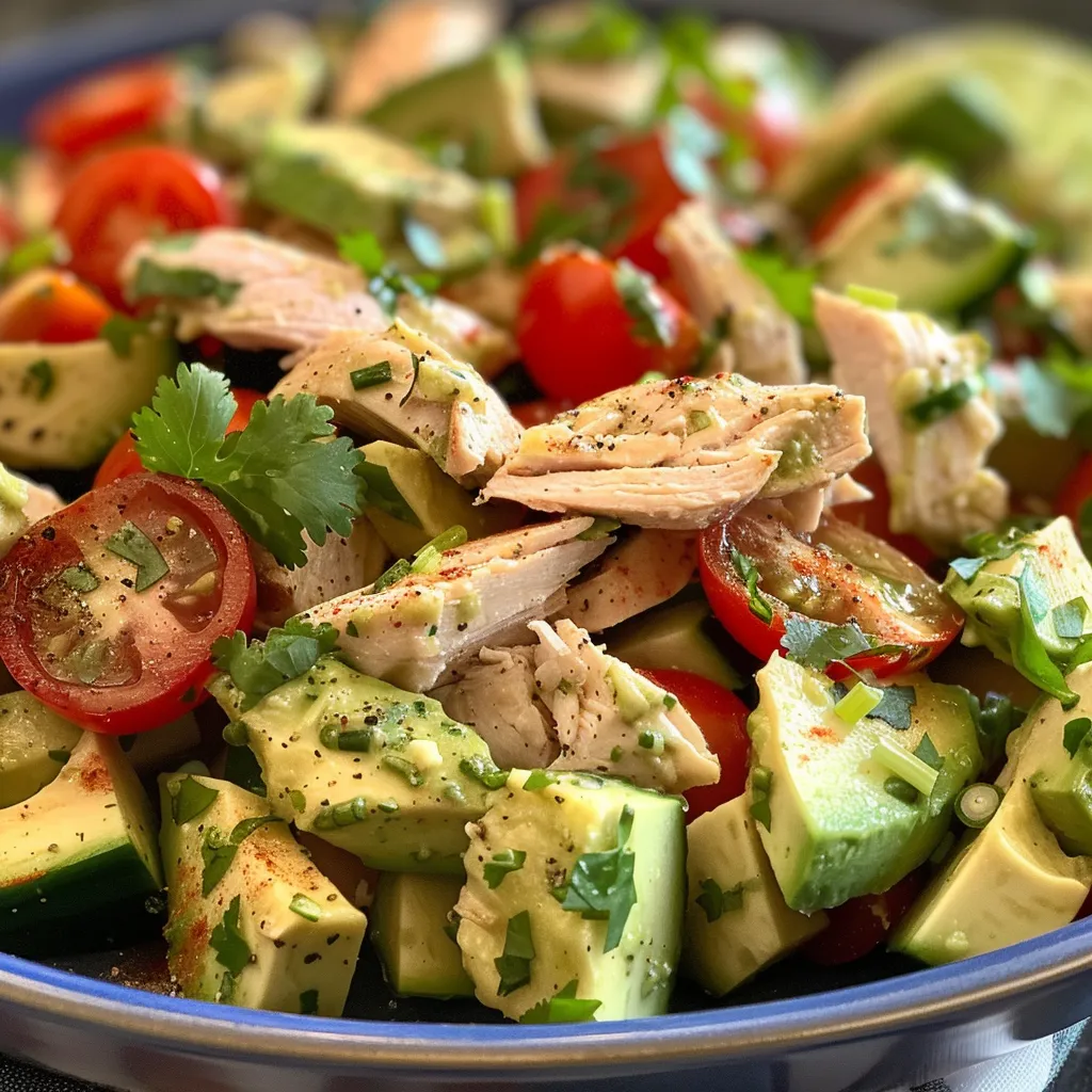 Juicy avocado chicken salad showcasing fresh ingredients like cilantro and lime, captured from the side.