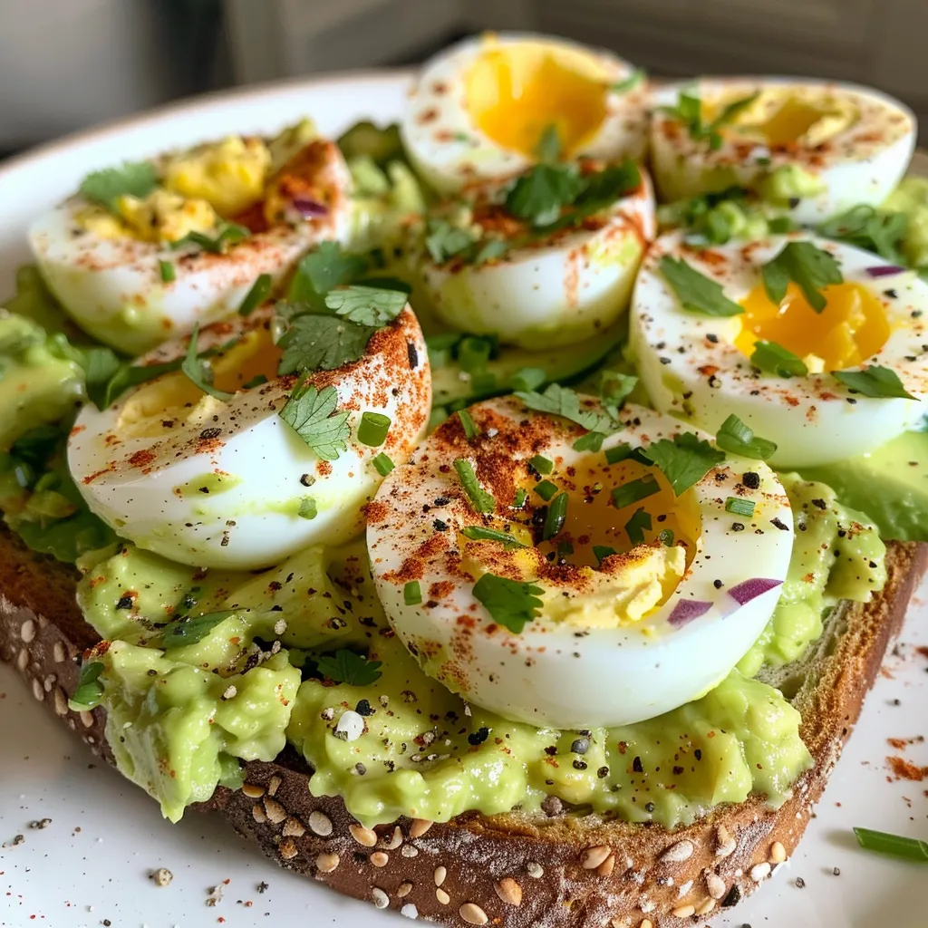 Side view of Avocado Egg Salad Toast on sourdough bread.