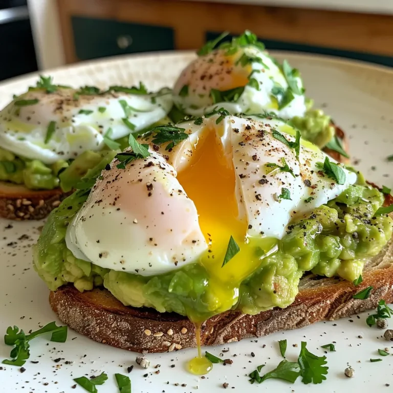 Close-up of avocado toast topped with a poached egg, herbs, and a sprinkle of salt.