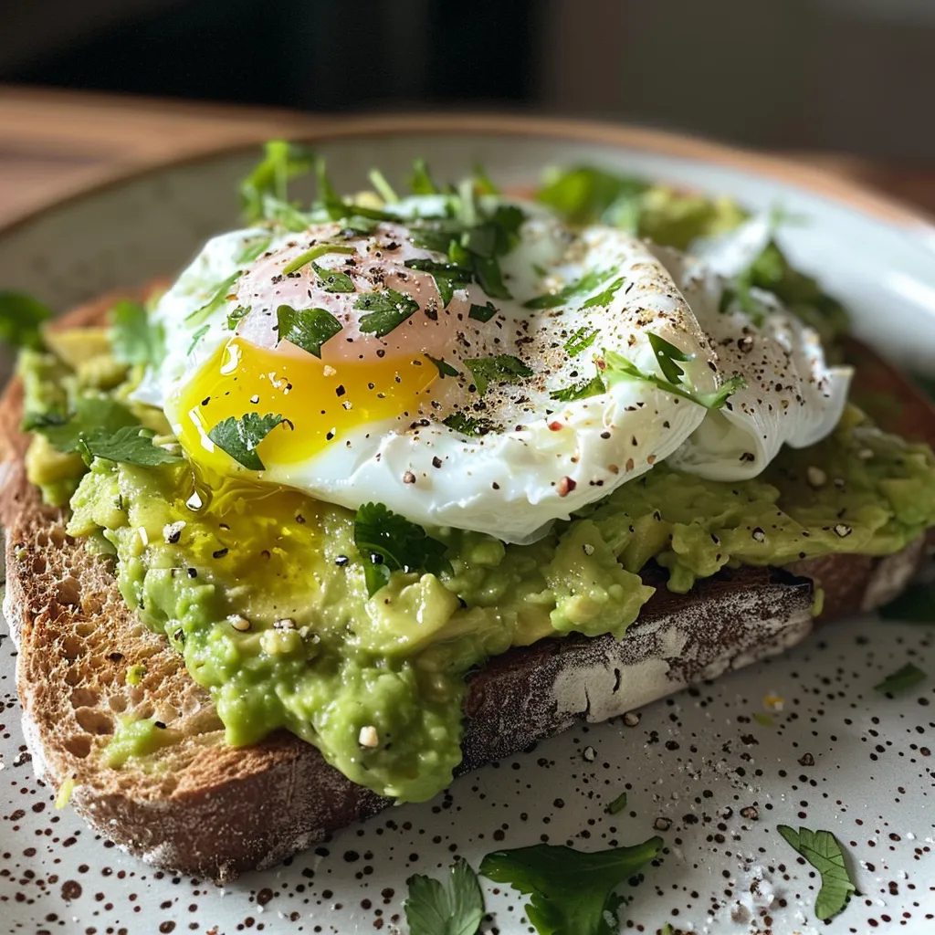 A slice of whole grain bread with smashed avocado and a perfectly poached egg.