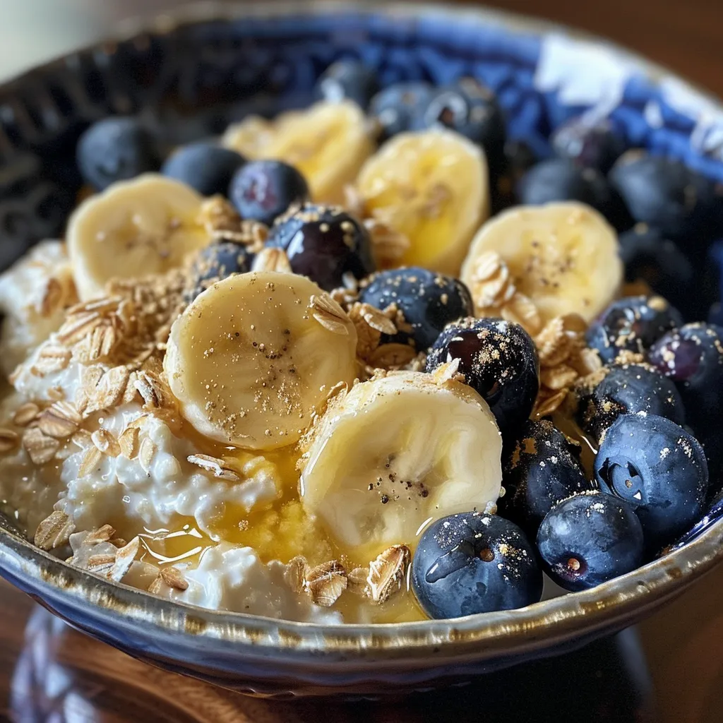 Side angle of a cottage cheese bowl with blueberry topping, highlighting its creamy texture.