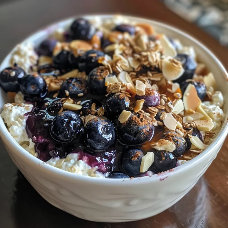 Close-up view of a Baked Blueberry Cottage Cheese Breakfast Bowl filled with fresh blueberries and oats.