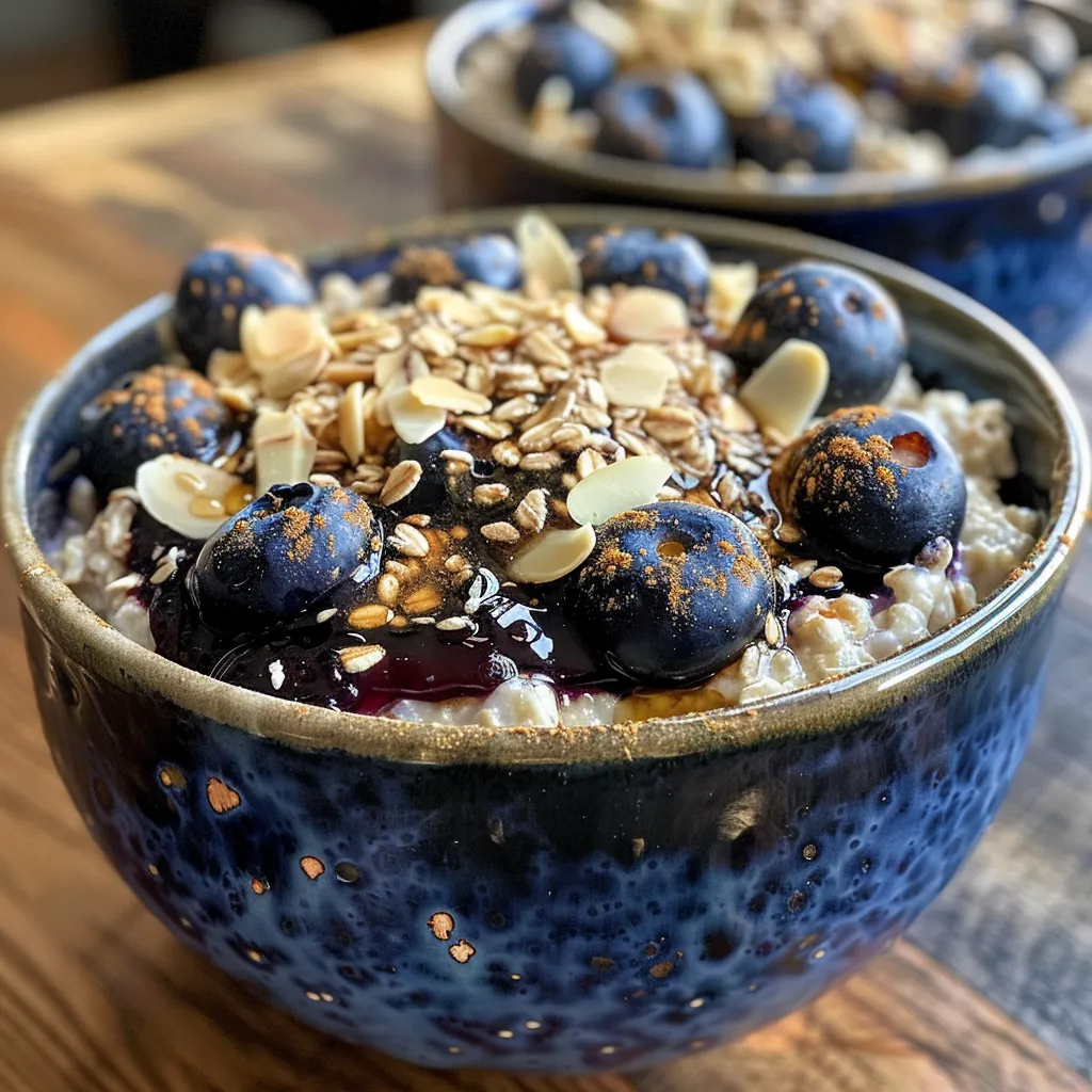 Side view of a colorful breakfast bowl featuring baked blueberries, cottage cheese, and toppings.