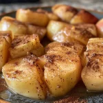 Close-up view of baked cinnamon and sugar apples, glistening and golden.