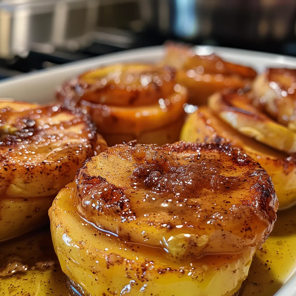 Side view of juicy baked apples sprinkled with cinnamon and sugar.