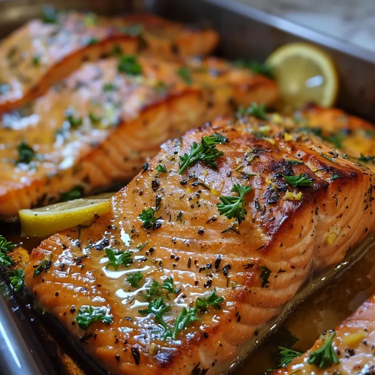 Close-up view of baked lemon garlic butter salmon fillets garnished with parsley.