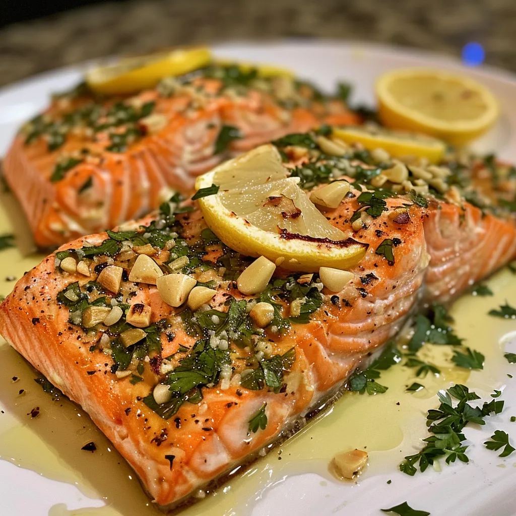 A side view of golden-brown baked salmon garnished with herbs and lemon.