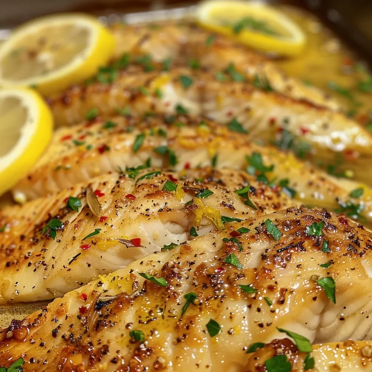 Close-up view of Baked Lemon Garlic Tilapia fillets garnished with parsley and lemon slices.