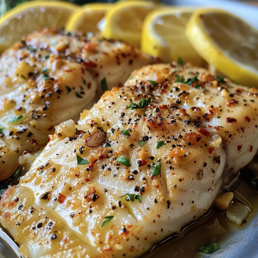 Juicy Baked Lemon Garlic Tilapia with a golden crust, served on a plate with fresh herbs.