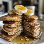 Close-up view of golden brown banana oat protein pancakes stacked on a plate.