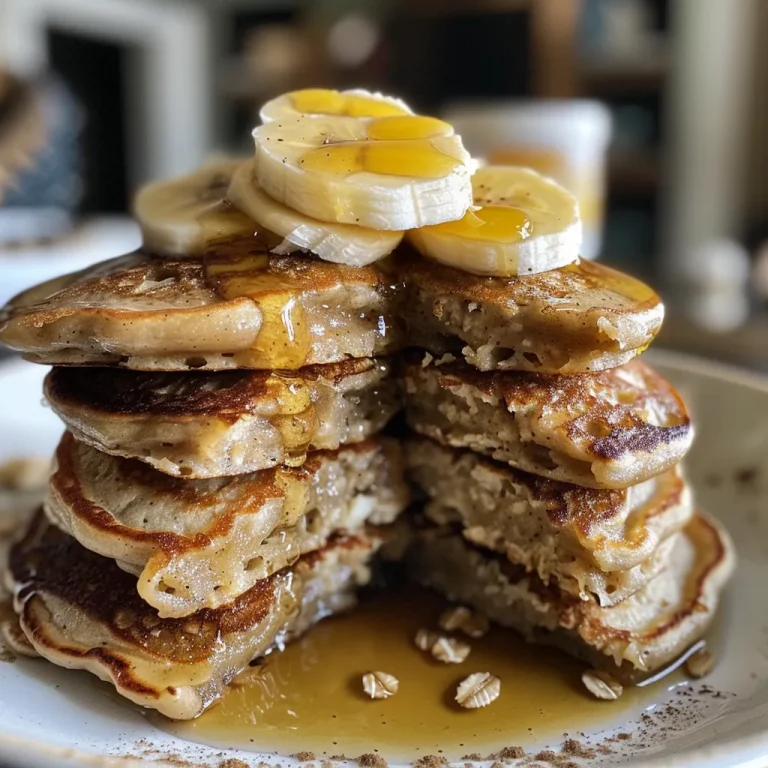 Start Your Day Right: Effortless Banana Oat Protein Pancakes Close-up view of golden brown banana oat protein pancakes stacked on a plate.