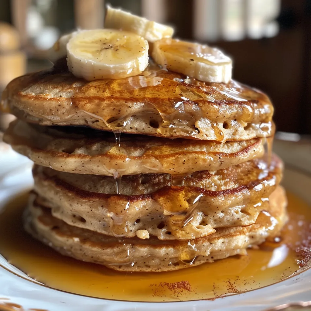 A stack of fluffy banana oat protein pancakes garnished with slices of banana.