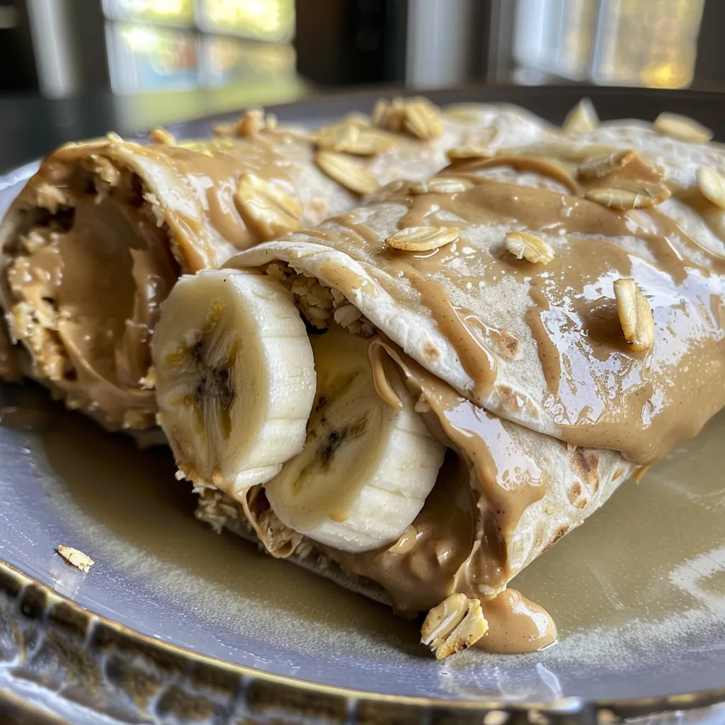 Side angle photo of a delicious roll-up with banana and peanut butter filling, garnished with granola.