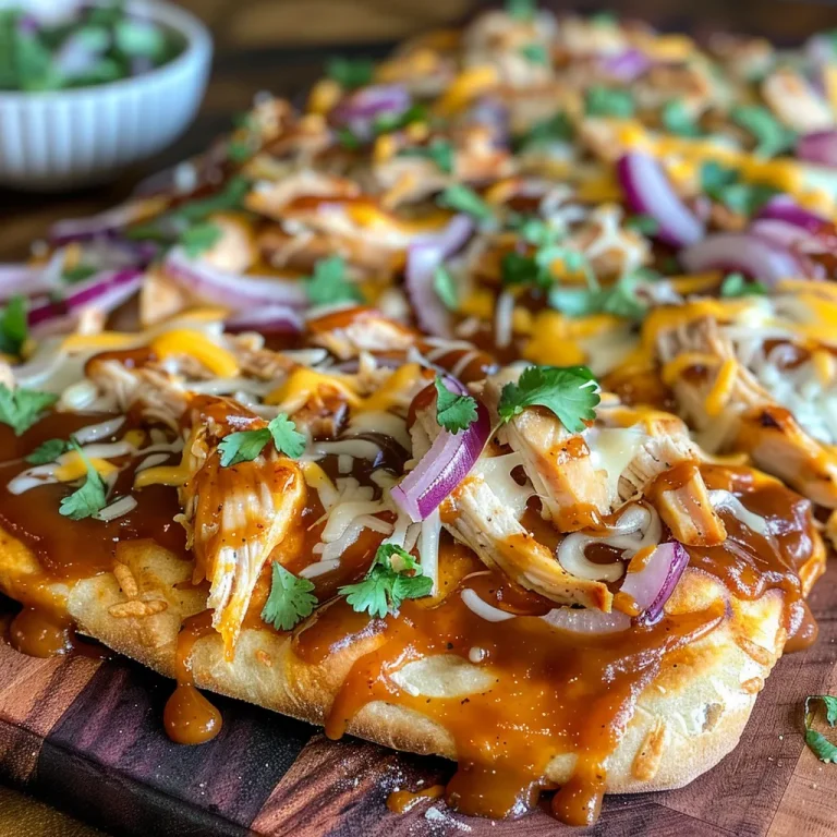 Close-up of BBQ chicken flatbread pizza with melted cheese and colorful toppings.