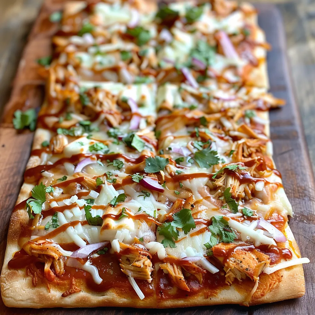 Side view of BBQ chicken flatbread pizza topped with shredded chicken, red onions, and cilantro.