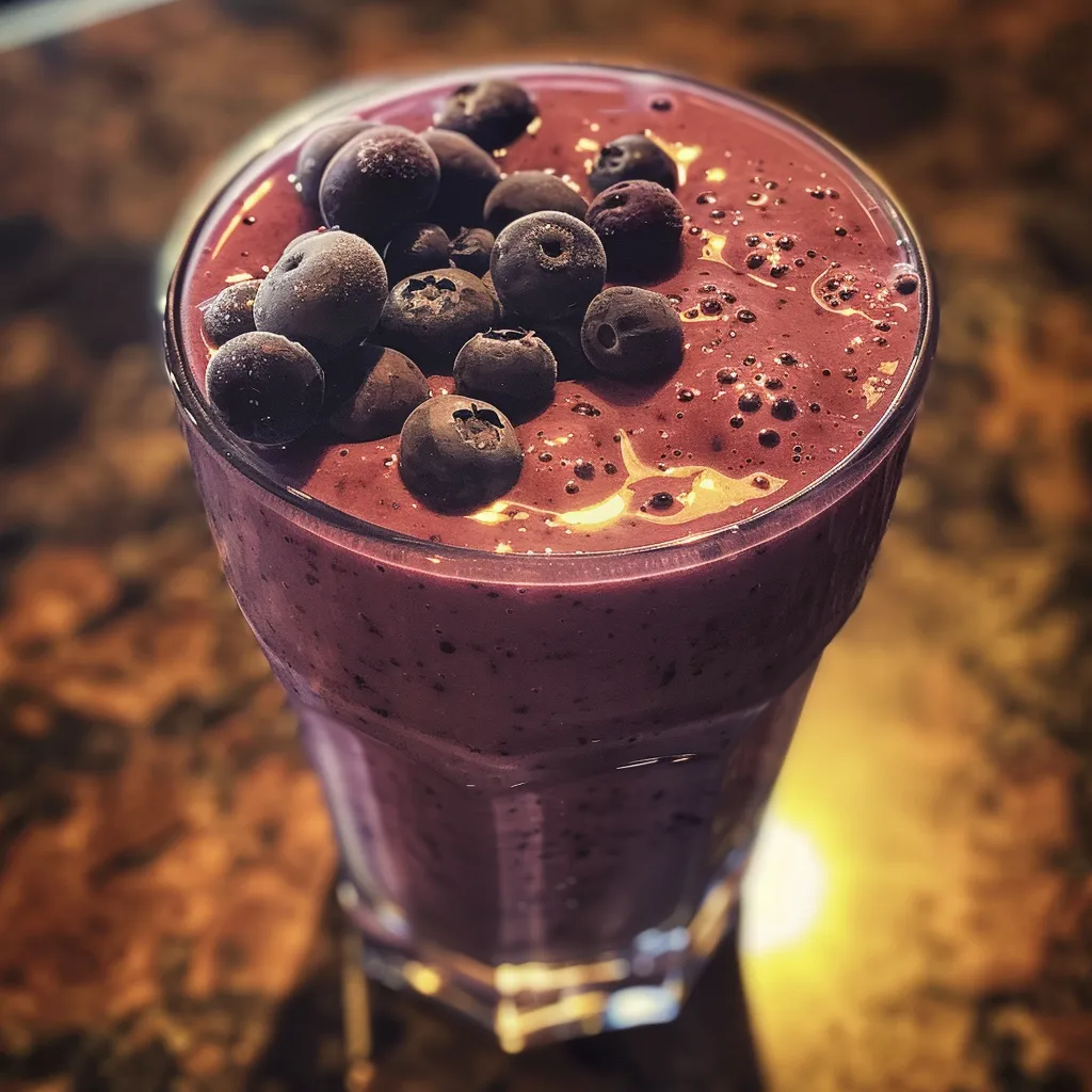Side view of a Blueberry Banana Smoothie with a straw, showcasing its rich purple color and garnishes.