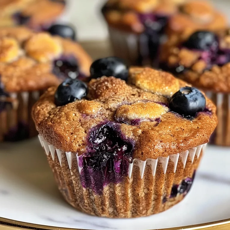 Close-up view of moist blueberry Greek yogurt protein muffins with blueberries on top.