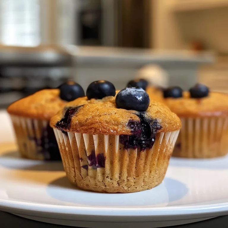 Close-up view of soft blueberry muffins with visible blueberries on top.