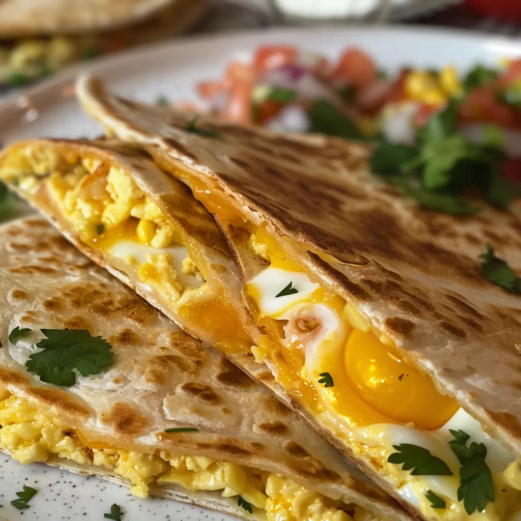 Side view of a golden-brown breakfast quesadilla filled with eggs and cheese.