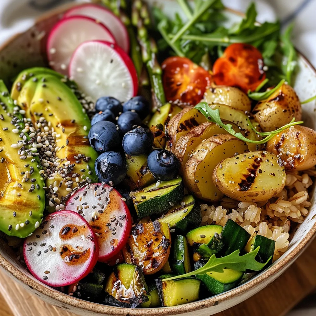 A vibrant Buddha Bowl featuring grains, vegetables, and fruits arranged artistically.
