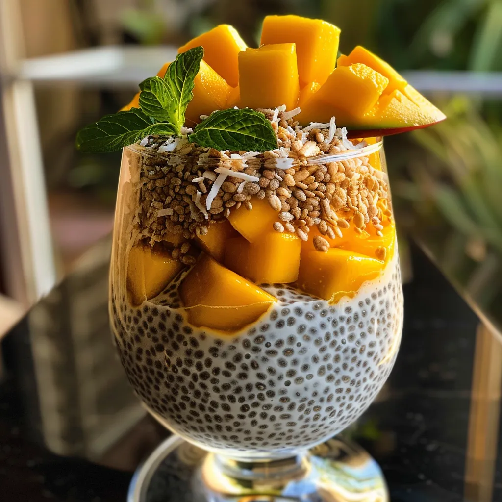 A delicious chia pudding parfait with visible layers of diced mango and shredded coconut.
