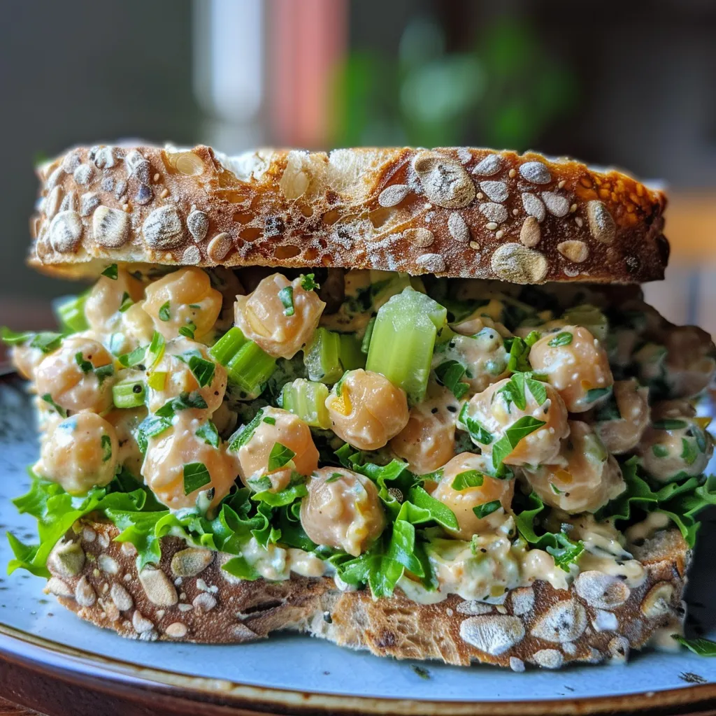 Freshly made chickpea salad sandwich with visible ingredients, placed on a plate.