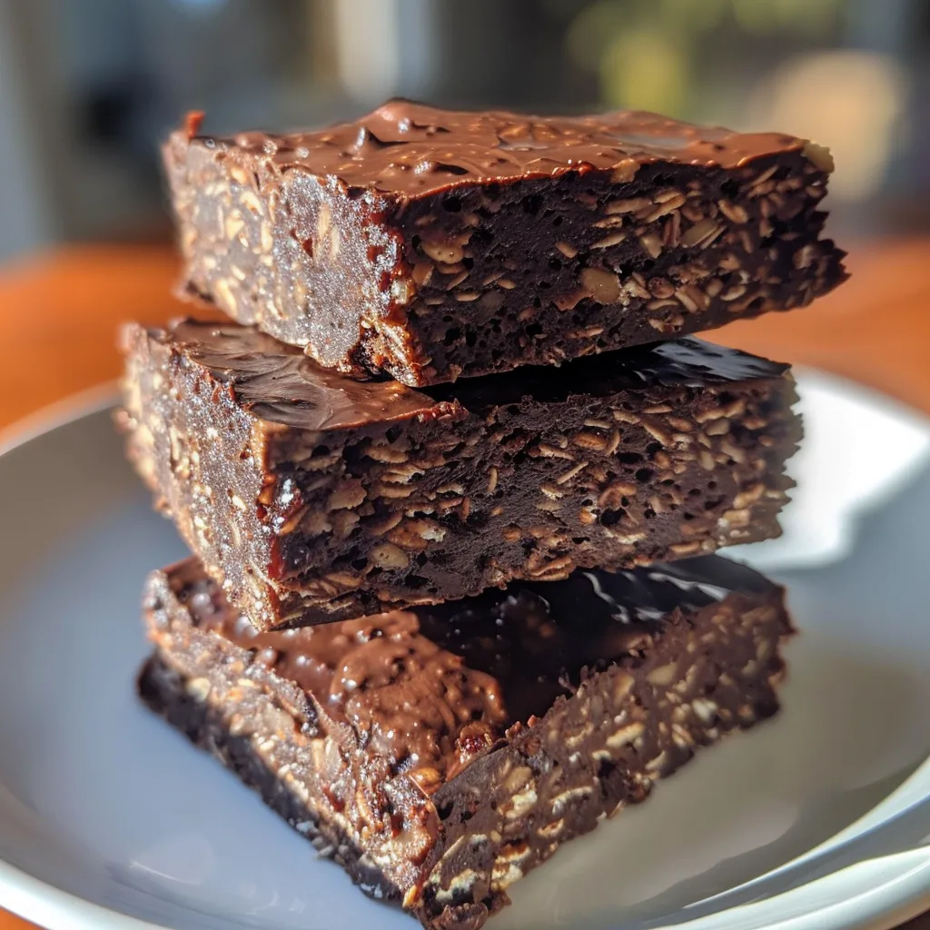 Side view of a chocolate brownie oat breakfast bar, highlighting its dense, chocolaty layers.