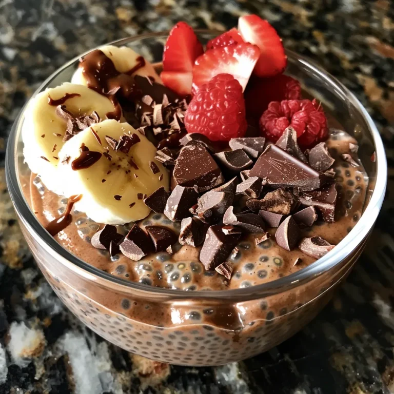 Close-up view of a bowl of chocolate chia pudding topped with fresh berries and chocolate shavings.