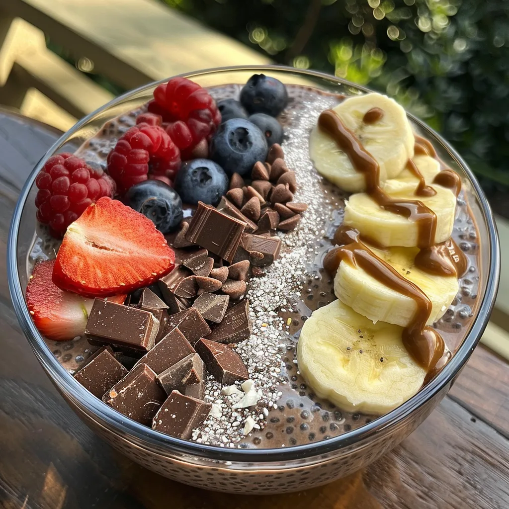 Side view of a creamy chocolate chia pudding in a clear bowl, garnished with whipped cream.