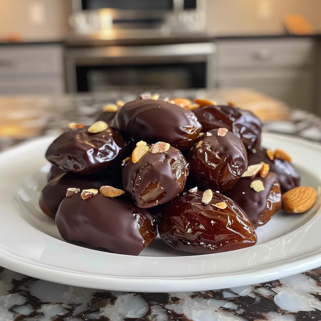 Side angle of luscious chocolate-covered Medjool dates drizzled with sea salt and sprinkled with almonds.