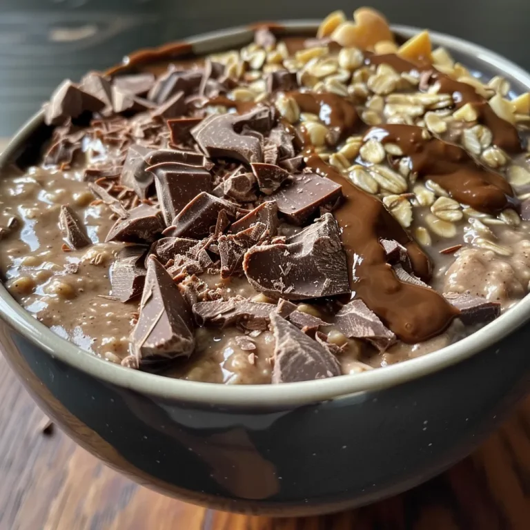 Close up of a creamy bowl of chocolate peanut butter protein oats with a spoon.