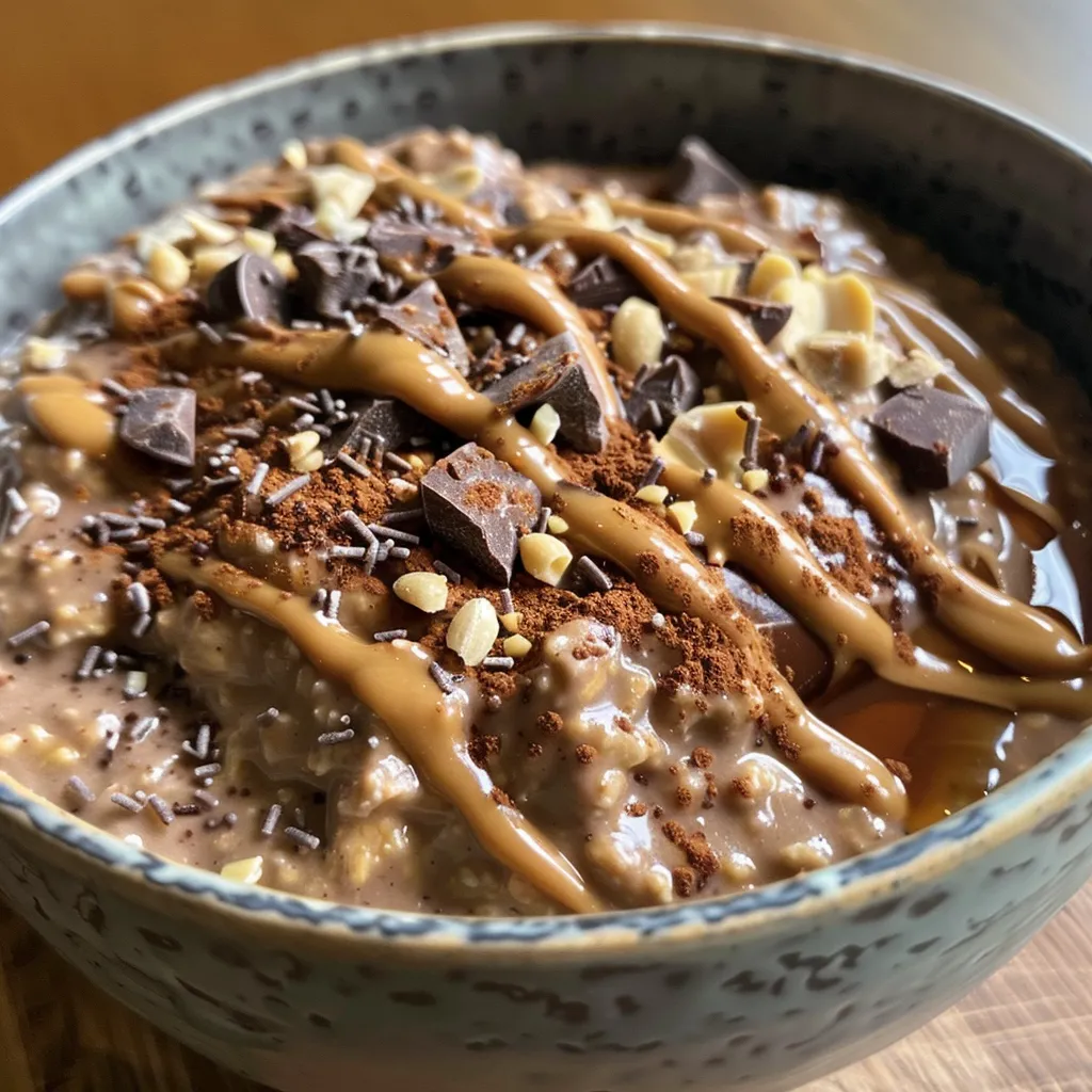 Side view of rich chocolate peanut butter protein oats topped with a drizzle of peanut butter.