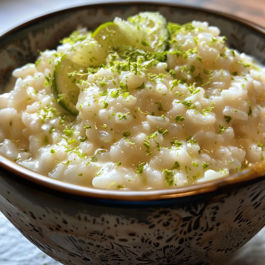 Close-up of Coconut Lime Rice Pudding highlighting its creamy consistency and garnish.