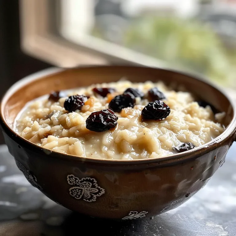 Close-up of creamy coconut milk rice pudding with a sprinkle of cinnamon on top.