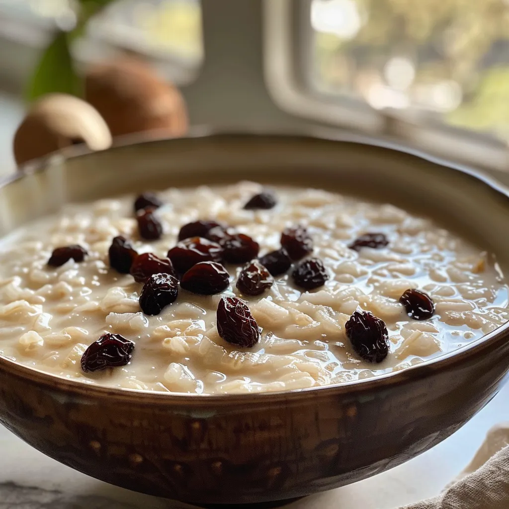 Side view of rice pudding made with coconut milk, showing a smooth, luscious texture.